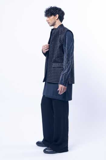 Buy_Siddhant Agrawal_Black Satin, Polyester, Taffeta Weftmire Dusk Woven Nehru Jacket _Online_at_Aza_Fashions