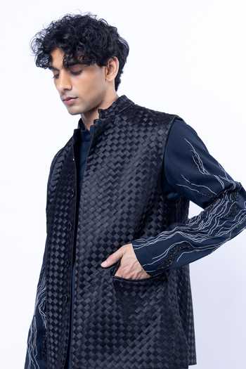 Shop_Siddhant Agrawal_Black Satin, Polyester, Taffeta Weftmire Dusk Woven Nehru Jacket _Online_at_Aza_Fashions