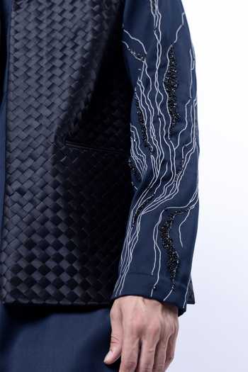 Siddhant Agrawal_Black Satin, Polyester, Taffeta Weftmire Dusk Woven Nehru Jacket _at_Aza_Fashions