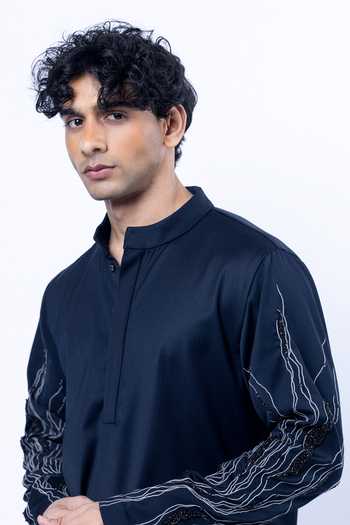 Shop Siddhant Agrawal Blue Suiting, Polyester, Terrycloth, Vein Trace Placement Embroidered Kurta Set Online at Aza Fashions Shop_Siddhant Agrawal_Blue Suiting, Polyester, Terrycloth, Vein Trace Placement Embroidered Kurta Set _Online_at_Aza_Fashions