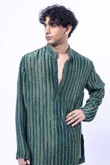 Buy_Siddhant Agrawal_Green Tissue, Silk, Satin Verdant Mirage Embroidered Kurta Set _Online_at_Aza_Fashions