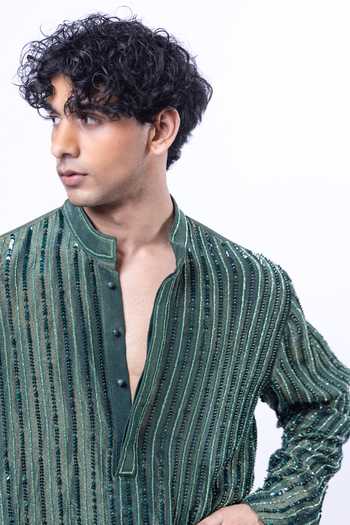 Shop_Siddhant Agrawal_Green Tissue, Silk, Satin Verdant Mirage Embroidered Kurta Set _Online_at_Aza_Fashions