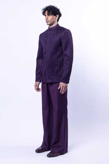 Siddhant Agrawal_Purple Suiting, Polyester, Terrycloth, Rayon Wilted Lichen Bandhgala Set _Online_at_Aza_Fashions