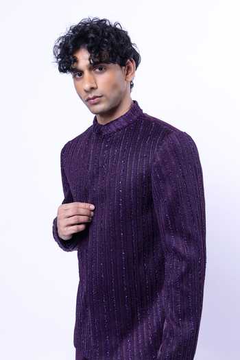 Buy_Siddhant Agrawal_Purple Suiting, Polyester, Terrycloth, Rayon Wilted Lichen Bandhgala Set _Online_at_Aza_Fashions