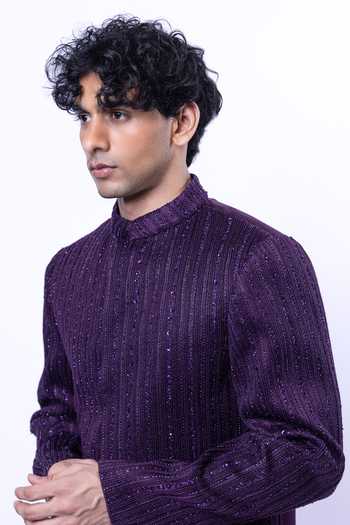 Shop_Siddhant Agrawal_Purple Suiting, Polyester, Terrycloth, Rayon Wilted Lichen Bandhgala Set _Online_at_Aza_Fashions