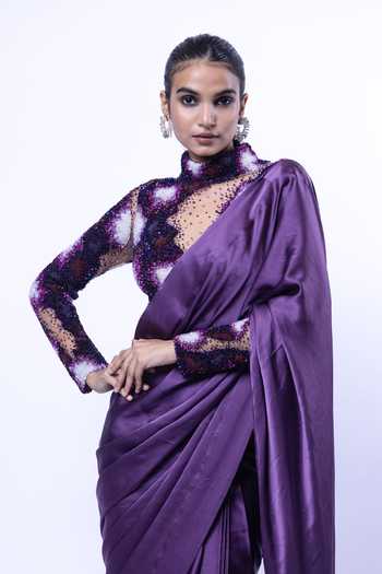 Siddhant Agrawal_Purple Silk Satin, Tulle Lichen Frost Pre-draped Saree With Embroidered Blouse _Online_at_Aza_Fashions