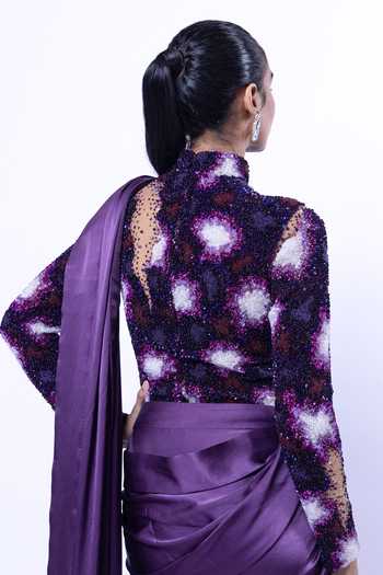 Buy_Siddhant Agrawal_Purple Silk Satin, Tulle Lichen Frost Pre-draped Saree With Embroidered Blouse _Online_at_Aza_Fashions