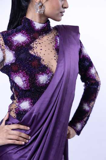 Shop_Siddhant Agrawal_Purple Silk Satin, Tulle Lichen Frost Pre-draped Saree With Embroidered Blouse _Online_at_Aza_Fashions