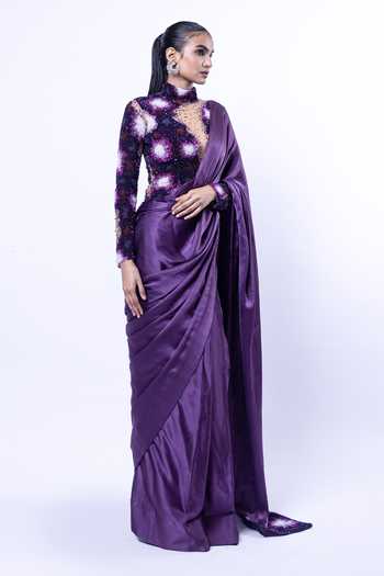 Siddhant Agrawal_Purple Silk Satin, Tulle Lichen Frost Pre-draped Saree With Embroidered Blouse _at_Aza_Fashions