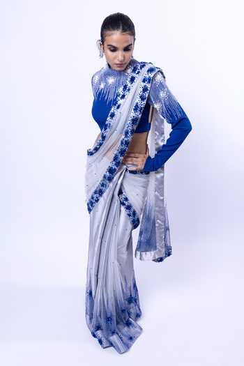 Siddhant Agrawal_Grey Tulle, Crepe, Polyester Coral Constellation Embellished Saree With Blouse _Online_at_Aza_Fashions