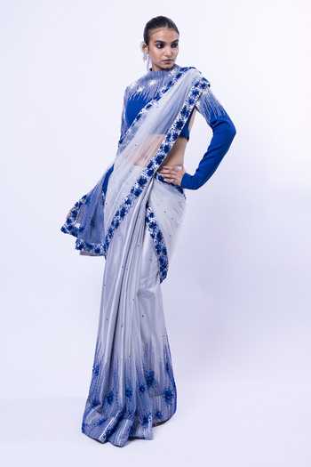 Buy_Siddhant Agrawal_Grey Tulle, Crepe, Polyester Coral Constellation Embellished Saree With Blouse _Online_at_Aza_Fashions