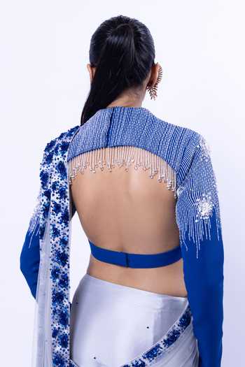 Shop_Siddhant Agrawal_Grey Tulle, Crepe, Polyester Coral Constellation Embellished Saree With Blouse _Online_at_Aza_Fashions