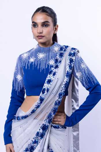 Siddhant Agrawal_Grey Tulle, Crepe, Polyester Coral Constellation Embellished Saree With Blouse _at_Aza_Fashions