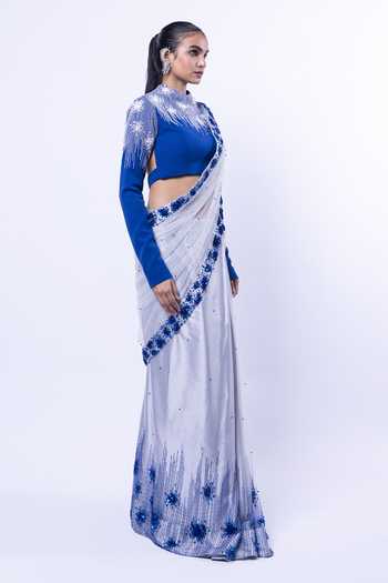 Buy_Siddhant Agrawal_Grey Tulle, Crepe, Polyester Coral Constellation Embellished Saree With Blouse 