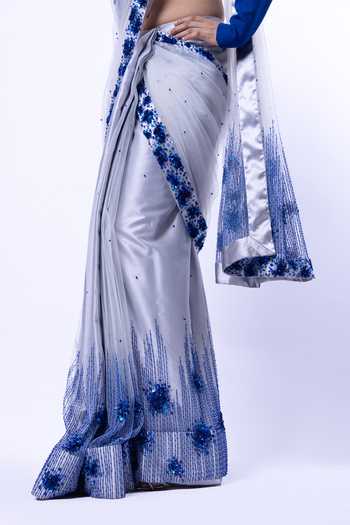 Shop_Siddhant Agrawal_Grey Tulle, Crepe, Polyester Coral Constellation Embellished Saree With Blouse 