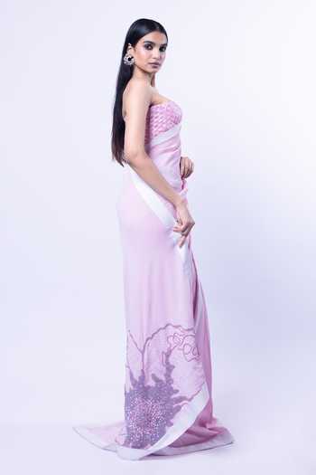 Buy_Siddhant Agrawal_Pink Cotton, Georgette, Satin, Mist Bloom Saree With Embroidered Blouse _Online_at_Aza_Fashions