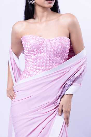 Shop_Siddhant Agrawal_Pink Cotton, Georgette, Satin, Mist Bloom Saree With Embroidered Blouse _Online_at_Aza_Fashions