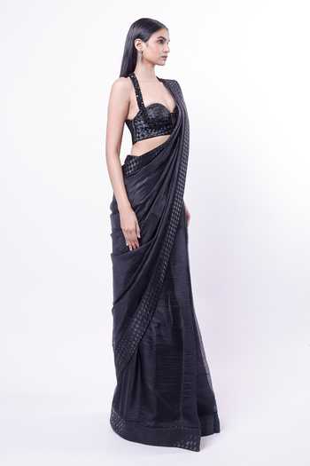 Siddhant Agrawal_Black Chiffon, Satin, Ember Dusk Pre-draped Saree With Embroidered Blouse _Online_at_Aza_Fashions
