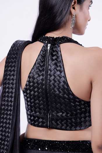 Shop_Siddhant Agrawal_Black Chiffon, Satin, Ember Dusk Pre-draped Saree With Embroidered Blouse _Online_at_Aza_Fashions