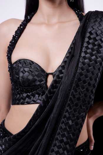 Siddhant Agrawal_Black Chiffon, Satin, Ember Dusk Pre-draped Saree With Embroidered Blouse _at_Aza_Fashions