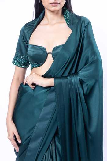 Siddhant Agrawal_Green Silk Satin Verdant Mirage Pre-draped Saree With Embroidered Blouse _Online_at_Aza_Fashions