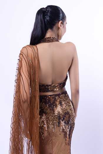 Siddhant Agrawal_Brown Tissue, Tulle Halter Molten Mirage Pre-draped Lehenga Saree With Blouse _Online_at_Aza_Fashions
