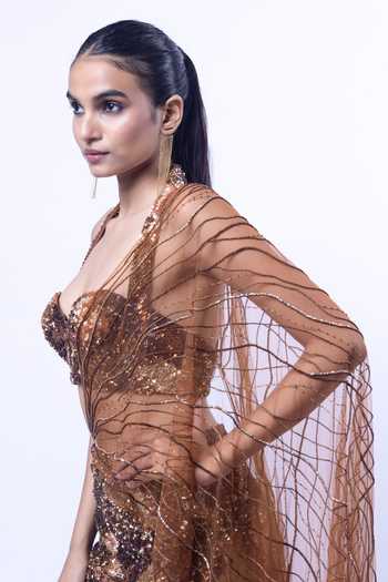 Buy_Siddhant Agrawal_Brown Tissue, Tulle Halter Molten Mirage Pre-draped Lehenga Saree With Blouse _Online_at_Aza_Fashions