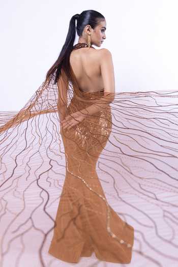 Shop_Siddhant Agrawal_Brown Tissue, Tulle Halter Molten Mirage Pre-draped Lehenga Saree With Blouse _Online_at_Aza_Fashions