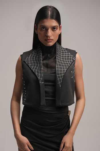 Shop Zilaire Black Scuba, Organza, Satin Halter Neck Draped Dress And Jacket Set Online at Aza Fashions Shop_Zilaire_Black Scuba, Organza, Satin Halter Neck Draped Dress And Jacket Set _Online_at_Aza_Fashions