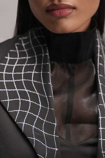 Zilaire Black Scuba, Organza, Satin Halter Neck Draped Dress And Jacket Set at Aza Fashions Zilaire_Black Scuba, Organza, Satin Halter Neck Draped Dress And Jacket Set _at_Aza_Fashions