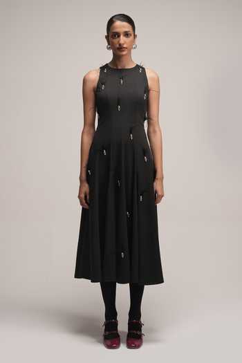 Shop Zilaire Black Scuba High Neck Crystal Embellished Midi Dress Online at Aza Fashions Shop_Zilaire_Black Scuba High Neck Crystal Embellished Midi Dress _Online_at_Aza_Fashions
