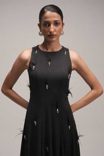 Zilaire Black Scuba High Neck Crystal Embellished Midi Dress at Aza Fashions Zilaire_Black Scuba High Neck Crystal Embellished Midi Dress _at_Aza_Fashions