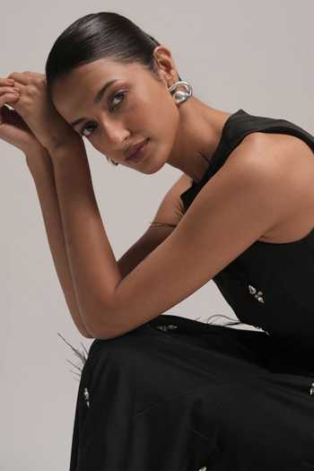 Buy Zilaire Black Scuba High Neck Crystal Embellished Midi Dress Buy_Zilaire_Black Scuba High Neck Crystal Embellished Midi Dress