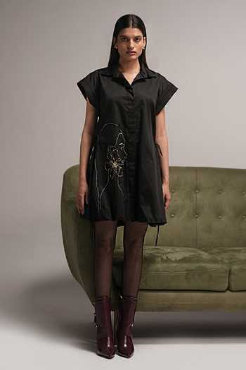 Shop Zilaire Black Cotton Collared , Button-down Embroidered Shirt Dress Online at Aza Fashions Shop_Zilaire_Black Cotton Collared , Button-down Embroidered Shirt Dress _Online_at_Aza_Fashions