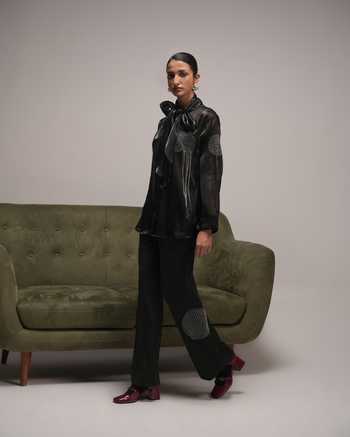 Buy Zilaire Black Organza, Satin, Scuba High Neck Polka Dot Embroidered Shirt And Pant Set Online at Aza Fashions Buy_Zilaire_Black Organza, Satin, Scuba High Neck Polka Dot Embroidered Shirt And Pant Set _Online_at_Aza_Fashions