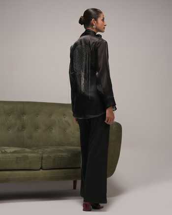 Shop Zilaire Black Organza, Satin, Scuba High Neck Polka Dot Embroidered Shirt And Pant Set Online at Aza Fashions Shop_Zilaire_Black Organza, Satin, Scuba High Neck Polka Dot Embroidered Shirt And Pant Set _Online_at_Aza_Fashions