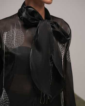 Zilaire Black Organza, Satin, Scuba High Neck Polka Dot Embroidered Shirt And Pant Set at Aza Fashions Zilaire_Black Organza, Satin, Scuba High Neck Polka Dot Embroidered Shirt And Pant Set _at_Aza_Fashions