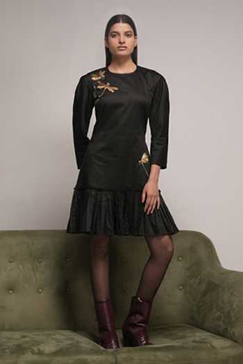 Buy Zilaire Black Cotton Round Neck Puff Sleeve Dress Online at Aza Fashions Buy_Zilaire_Black Cotton Round Neck Puff Sleeve Dress _Online_at_Aza_Fashions