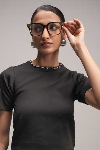 Zilaire Black Scuba Crew Neck Embroidered T Shirt And Skirt Set at Aza Fashions Zilaire_Black Scuba Crew Neck Embroidered T Shirt And Skirt Set _at_Aza_Fashions