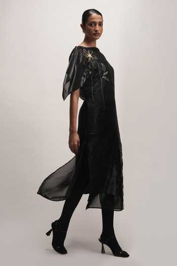 Buy Zilaire Black Organza, Satin, Scuba Boat Neck Sheer Midi Dress Online at Aza Fashions Buy_Zilaire_Black Organza, Satin, Scuba Boat Neck Sheer Midi Dress _Online_at_Aza_Fashions