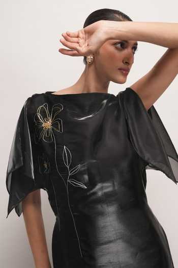 Zilaire Black Organza, Satin, Scuba Boat Neck Sheer Midi Dress at Aza Fashions Zilaire_Black Organza, Satin, Scuba Boat Neck Sheer Midi Dress _at_Aza_Fashions