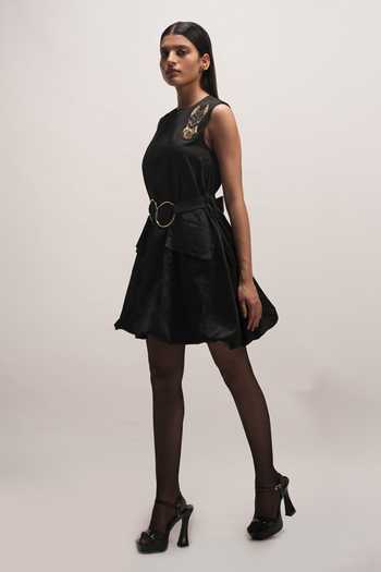 Buy Zilaire Black Cotton Round Neck Hand Embroidered Dress With Belt Online at Aza Fashions Buy_Zilaire_Black Cotton Round Neck Hand Embroidered Dress With Belt _Online_at_Aza_Fashions