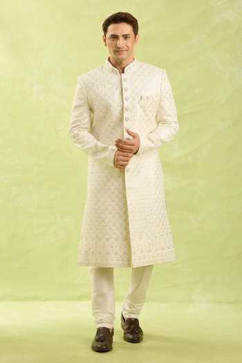 Arihant Rai Sinha Cream Embroidery Hand Sherwani Set at Aza Fashions Arihant Rai Sinha_Cream Embroidery Hand Sherwani Set _at_Aza_Fashions