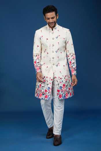 Buy_Arihant Rai Sinha_Off White Silk, Polyester, Viscose Embroidery Floral Pattern Sherwani Set 
