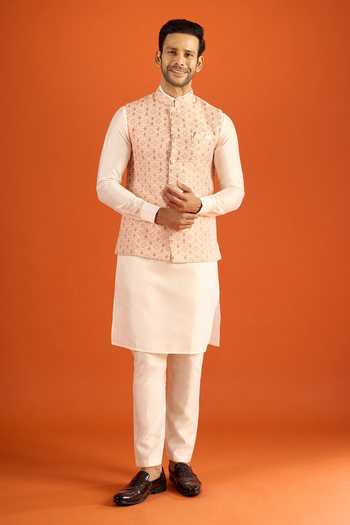 Buy_Arihant Rai Sinha_Peach Jacquard Woven Nehru Jacket _Online_at_Aza_Fashions