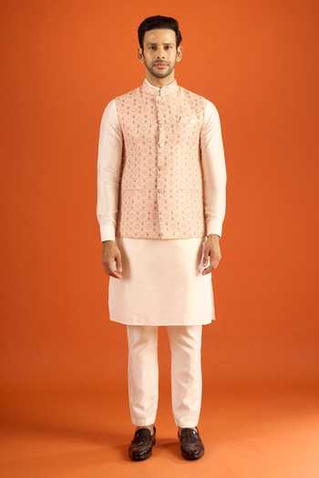 Shop_Arihant Rai Sinha_Peach Jacquard Woven Nehru Jacket _Online_at_Aza_Fashions