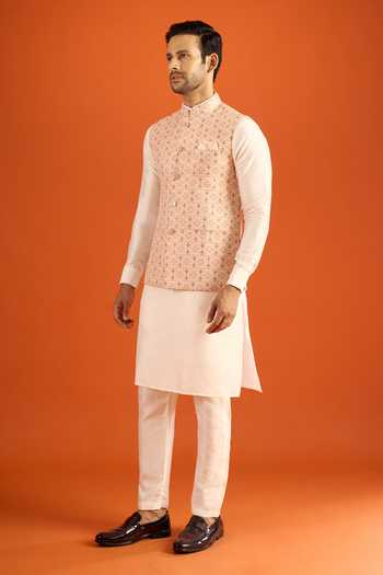 Arihant Rai Sinha_Peach Jacquard Woven Nehru Jacket _at_Aza_Fashions