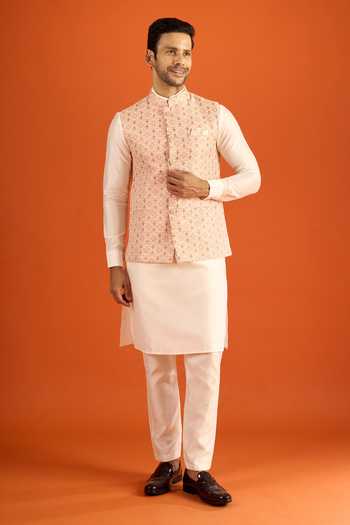 Shop_Arihant Rai Sinha_Peach Jacquard Woven Nehru Jacket 