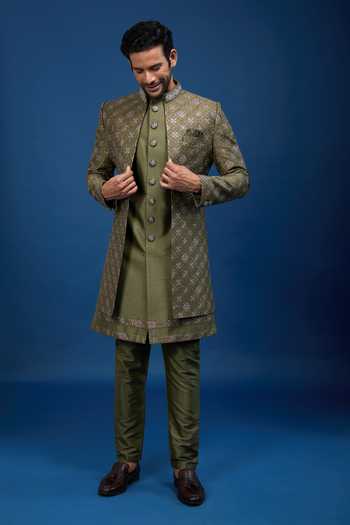Shop_Arihant Rai Sinha_Green Silk Embroidery Butti Sherwani Set 
