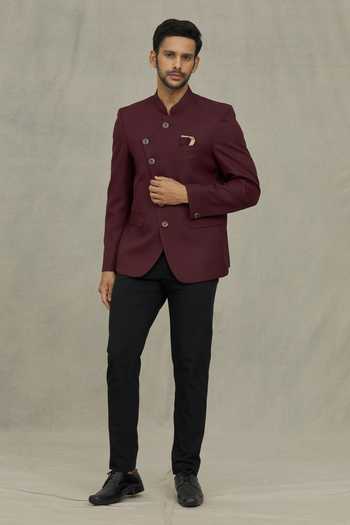 Arihant Rai Sinha Maroon Terrycloth Full Sleeve Plain Bandhgala Online at Aza Fashions Arihant Rai Sinha_Maroon Terrycloth Full Sleeve Plain Bandhgala _Online_at_Aza_Fashions
